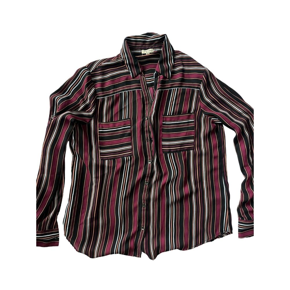 Lily White Button Up Womens Blouse Size L Multi Color Stripes